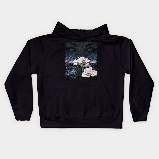 Blue Eyes and White Roses in the Dark Kids Hoodie by MONLart